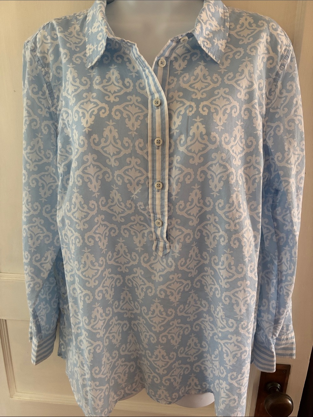 Talbots Light Blue and White Damask Button-Front Tunic